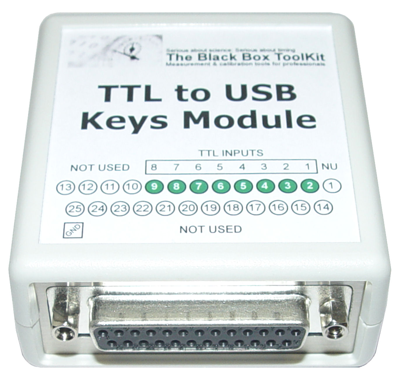 The Black Box ToolKit TTL to USB Keys Module enables you to quickly and easily create USB HID keyboard events from TTL signals as an input to any Experiment Generator or any other software that accepts standard USB keyboard inputs. It can be used in any environments where there is a need to create USB keyboard key presses from up to 10 TTL inputs, e.g. EEG, eye tracking etc. Works on any platform (Windows, MacOS, Linux etc).